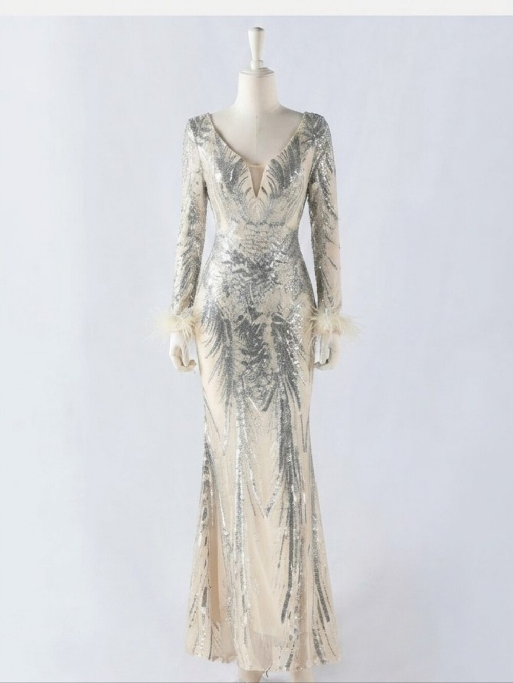 Sequin Silver & Cream Long-Sleeve Evening Gown With Ostrich Feathers - Picture 16 of 16